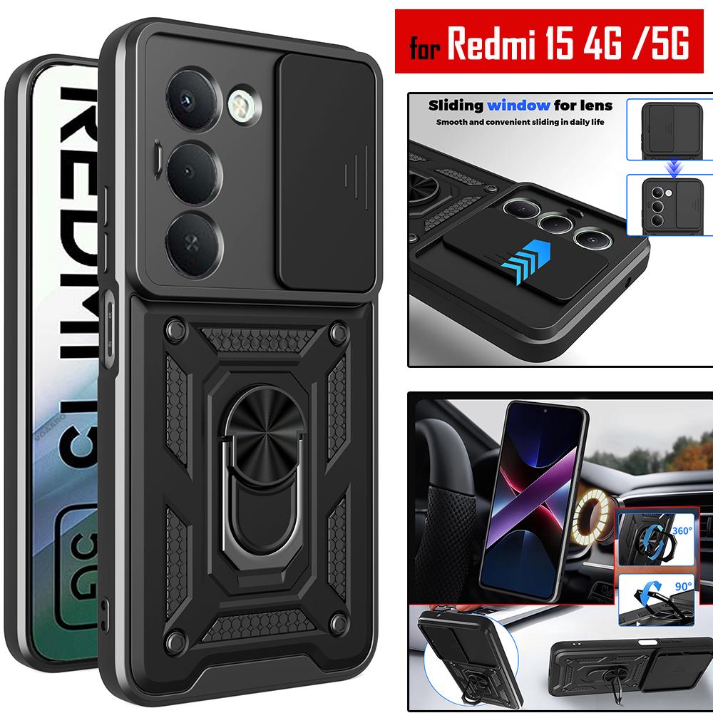 Slide Lens Armor Funda for Xiaomi Redmi 15 5G Case for Redmi 15 4G Case Magnetic Ring Stand Holder Cover Anti-knock Back Capa