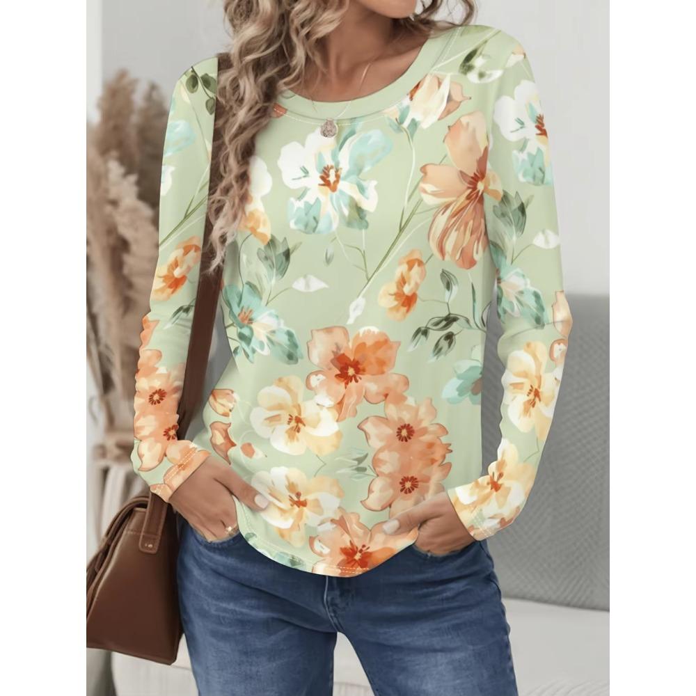 Vintage Floral 3D Print Women's Crew Neck Long Sleeve T-Shirts Comfortable Fashion Tops Tee Y2k Clothes Harajuku Female Clothing