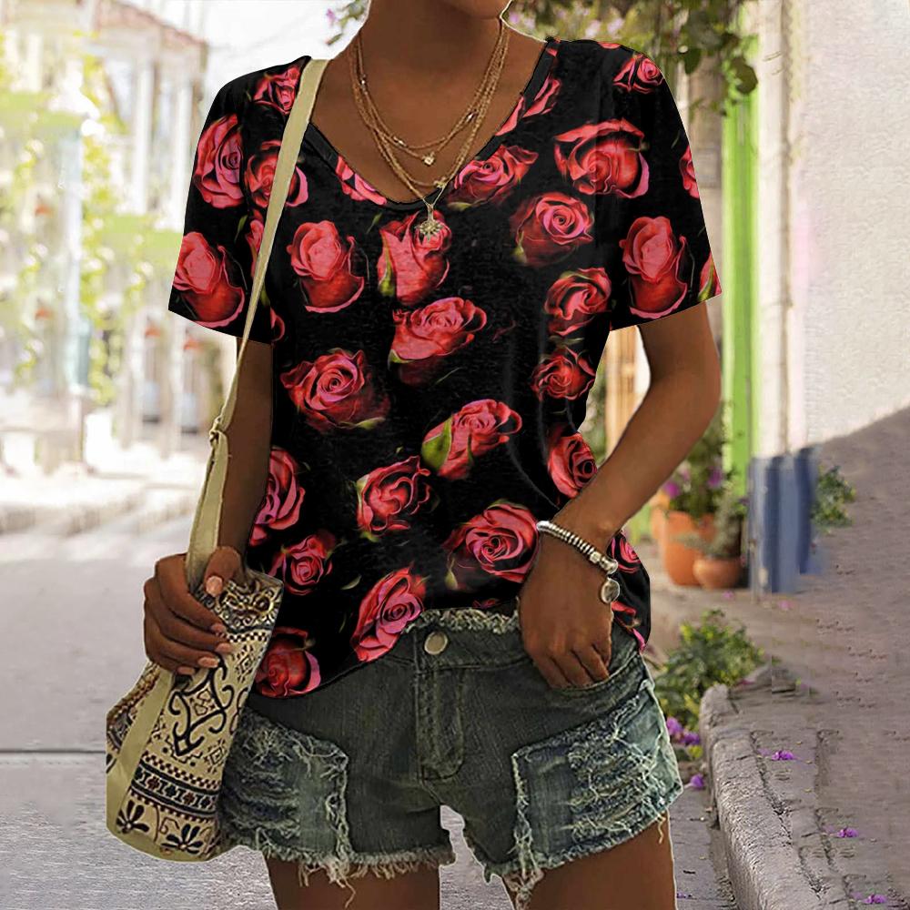 Summer Flower Rose 3D Print T-shirt Women Streetwear Casual T Shirts Y2k Tops Woman Harajuku V-Neck Tees Oversized Clothing