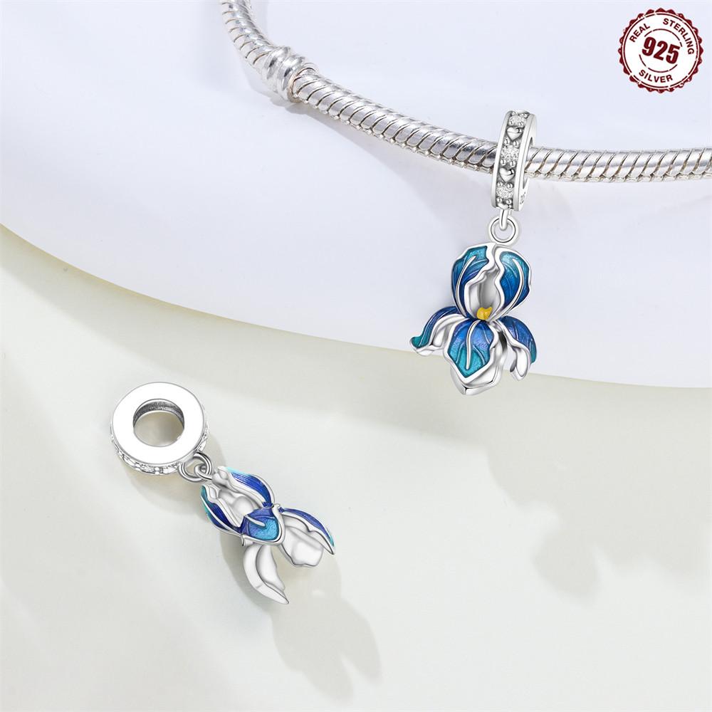 Copper White Zircon Bee Blue Orchid Iris Charms Beads Pendant For Original Bracelet Woman Girl Jewelry