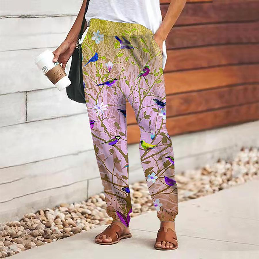 Women Bird Printing Pants Lace Up Elastic Waist Loose  Trousers Casual Long Pants Trousers with Pockets
