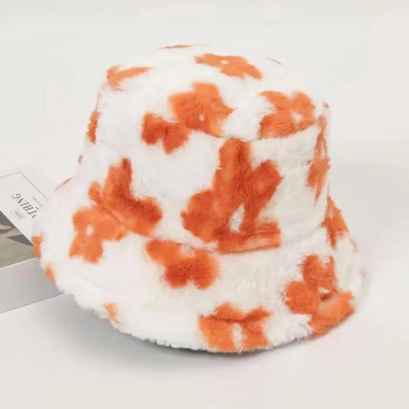 Freizeit Plüsch Niedliche Bucket Caps mit Kleinen Druckblumen,Damen Herbst Winter Sterne Warm Fischerhut Dickes Faux Fur Skullies Mützen