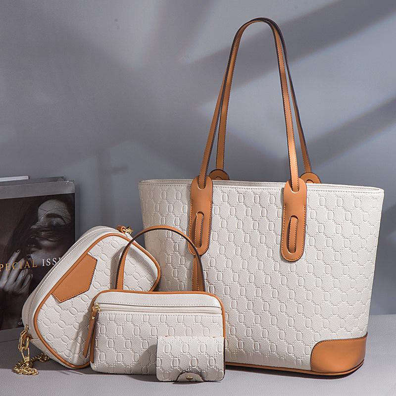 New Embossed Large Tote Bag High Quality PU Ladies Handbag Trendy Single Shoulder Oblique Span Bag Large Capacity Women's 4 Pcs Set Mother-child Bag