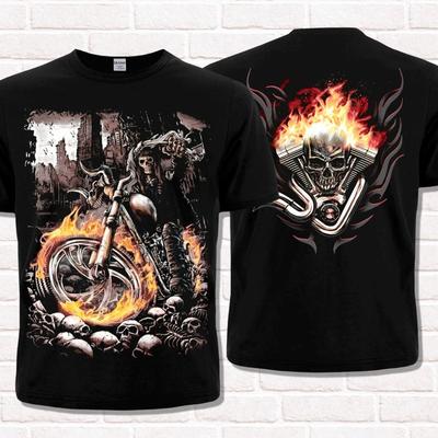 Biker Style T-Shirt. Skeleton On a Burning Motorcycle.