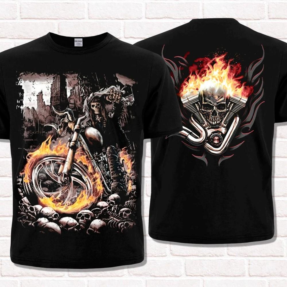 

Biker style T-Shirt. Skeleton on a Burning Motorcycle. M