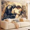2D Gothic Knight and Angel Tapestry, Vintage Fantasy Wall Art for Living Room Decor