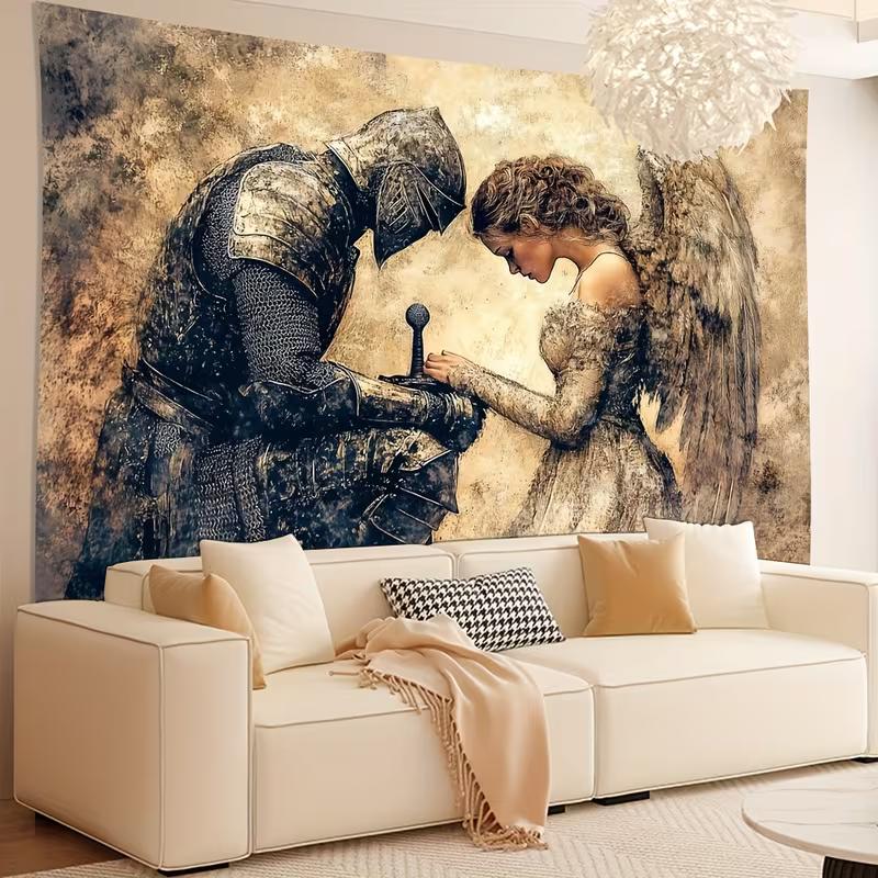 2D Gothic Knight and Angel Tapestry, Vintage Fantasy Wall Art for Living Room Decor