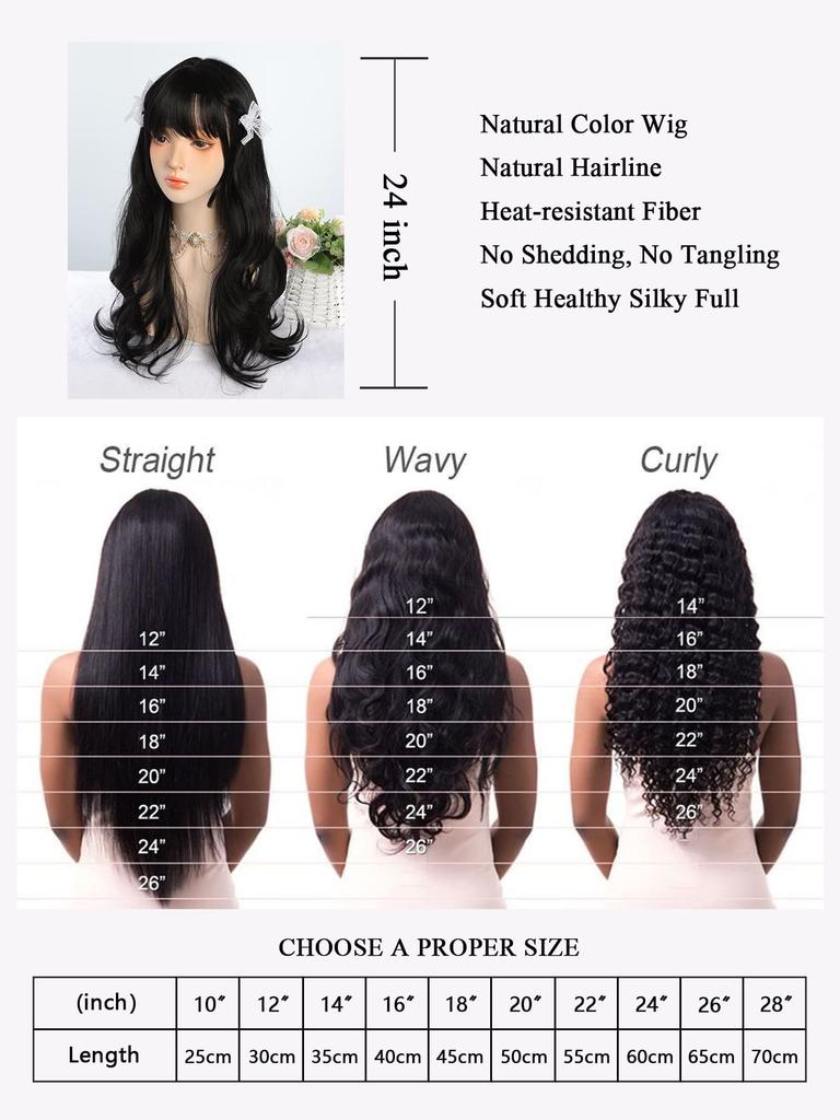 Perruque synthétique longue ondulée naturelle noire de 24 pouces avec frange Perruque de cheveux naturels résistante à la chaleur pour femmes pour cosplay quotidien, Halloween, fêtes