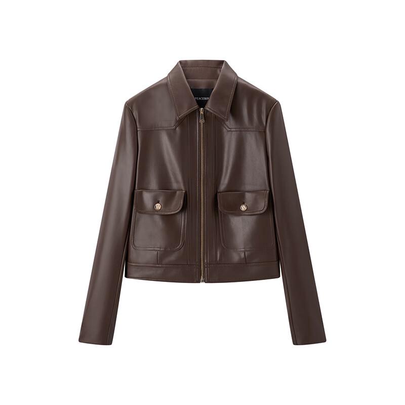 Peacebird Women's Maillard Style Lapel PU Leather Short Jacket