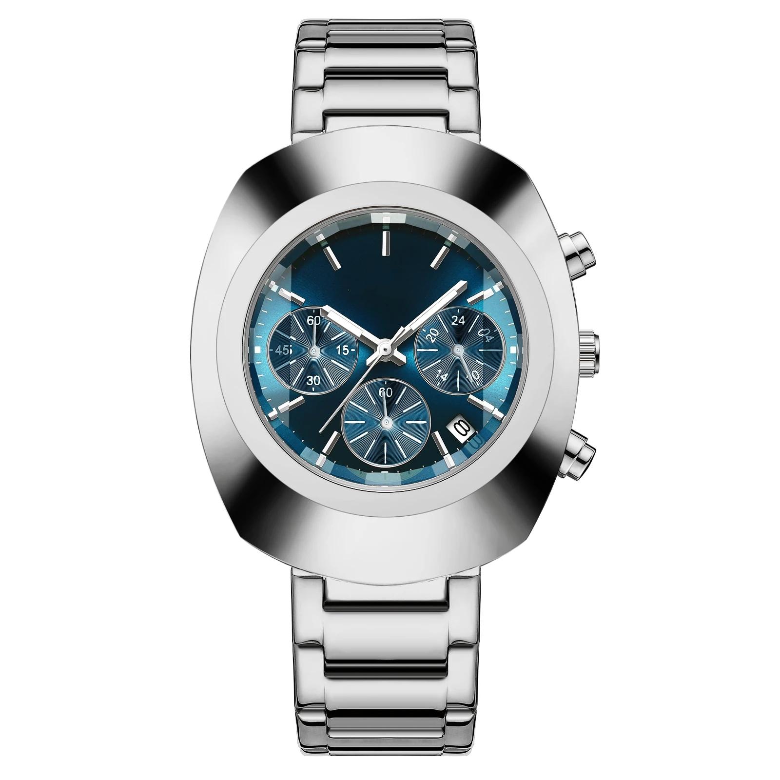 Мужские многофункциональные кварцевые часы с ремешком из нержавеющей стали в деловом стиле, овальные спортивные наручные часы