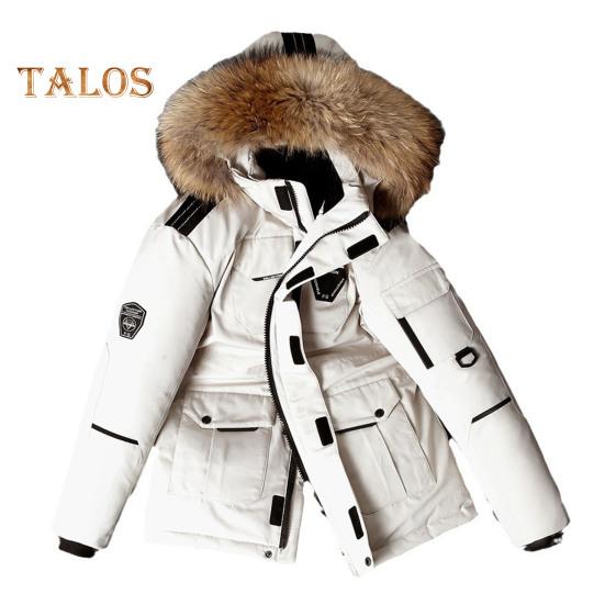 Pánská péřová bunda s mnoha kapsami Trim s kapucí z umělé kožešiny Dlouhý rukáv Větruodolný design Venkovní kabát Krycí léga na zip Cargo péřový kabát