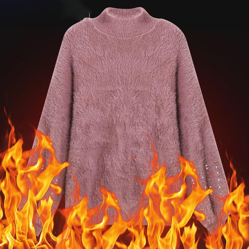 Fuzzy svetr pro ženy Svetr z imitace norkového sametu Dámský svetr s korálky Spodní část košile Korejské mohérové ​​svetry s dlouhým rukávem a dlouhým rukávem