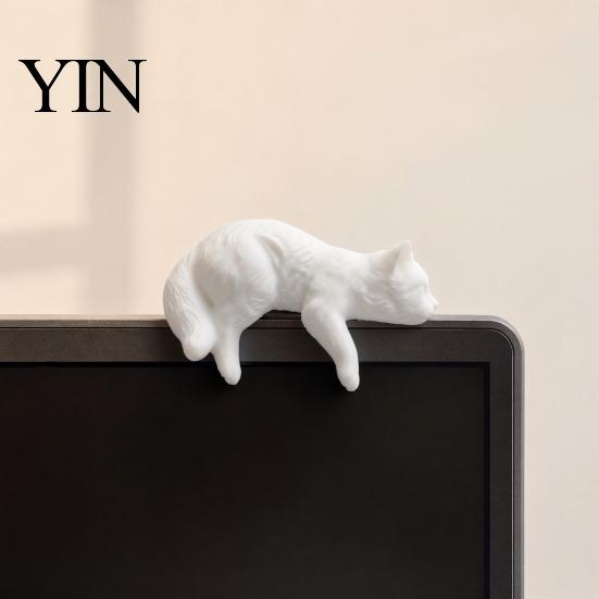 Cat Shelf Decoration Cute Figurine Computer Monitor Decor, 3D Printed Screen TV Topper, Small Kitten Car Dashboard Ornament for Rearview Mirror,