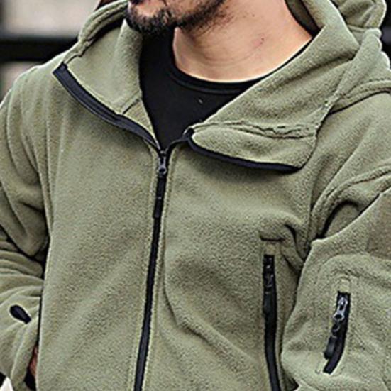 Men Jacket Solid Color Hooded Long Sleeve Fleece Slim Multi Pockets Windproof Hoodie for Outdoor