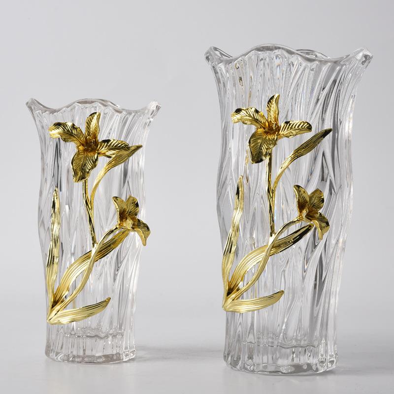 

Glass Vase Metal Relief Golden Flower Transparent Hydroponic Terrarium Golden Orchid Flower Vase Room Decoration Accessories