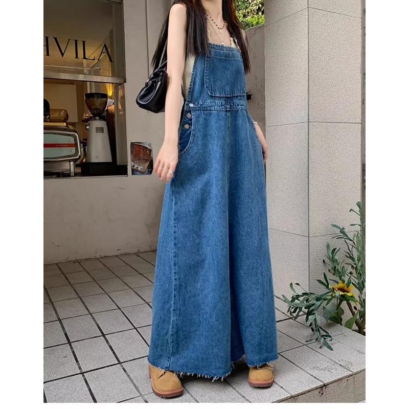 Youthful and slimming suspender dress, denim dress for women, new autumn loose tall long skirt, blue skirt S