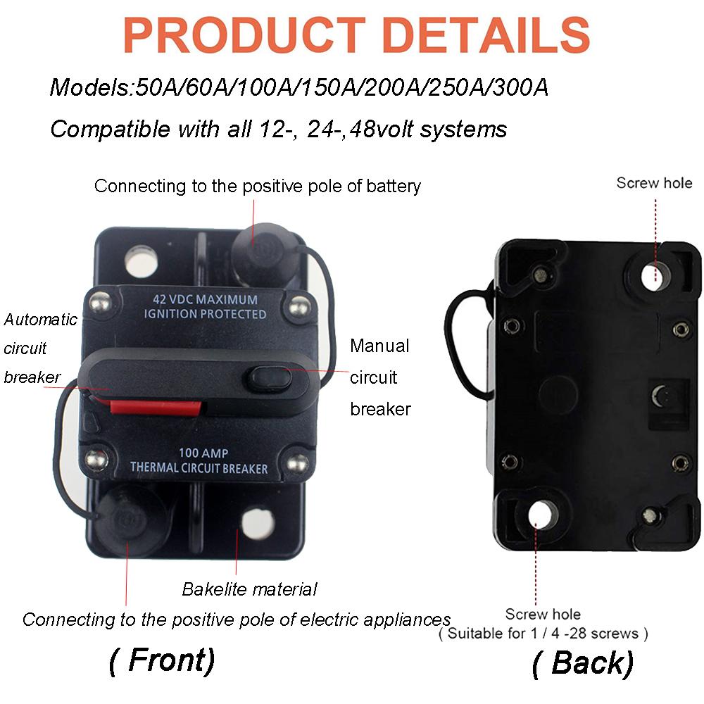 12-48VDC Circuit Breaker 50A 60A 80A 100A 150A 200A 250A 300A Car Truck Audio Resettable Fuse Circuit Breaker with Power Protect Circuit Breaker 6