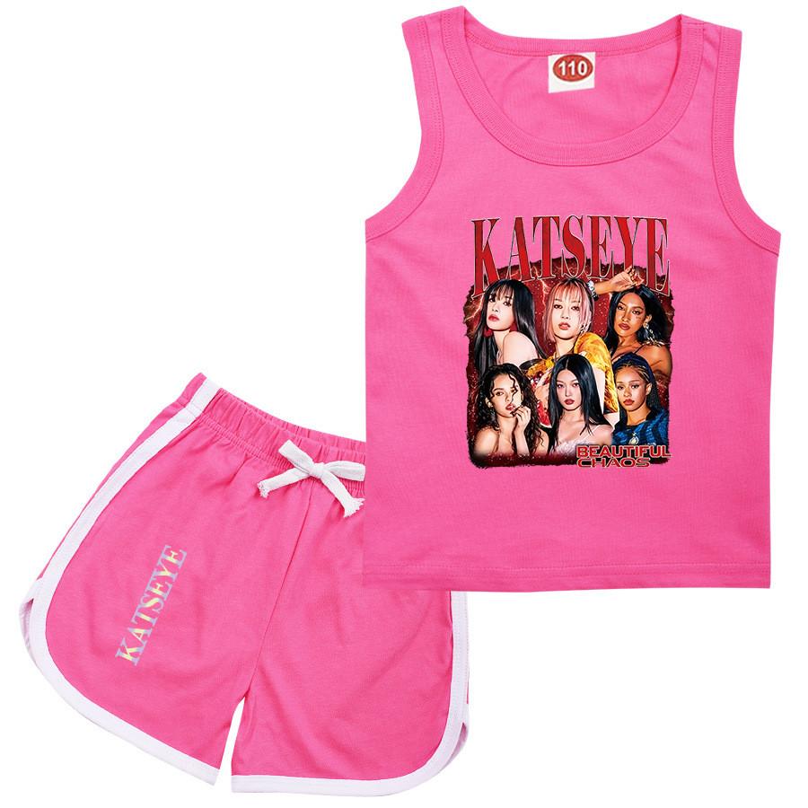 9198 Children Fashion Girls Singer Katseye Printed Sleeveless T-Shirt Tank Top Shorts Clothes Set