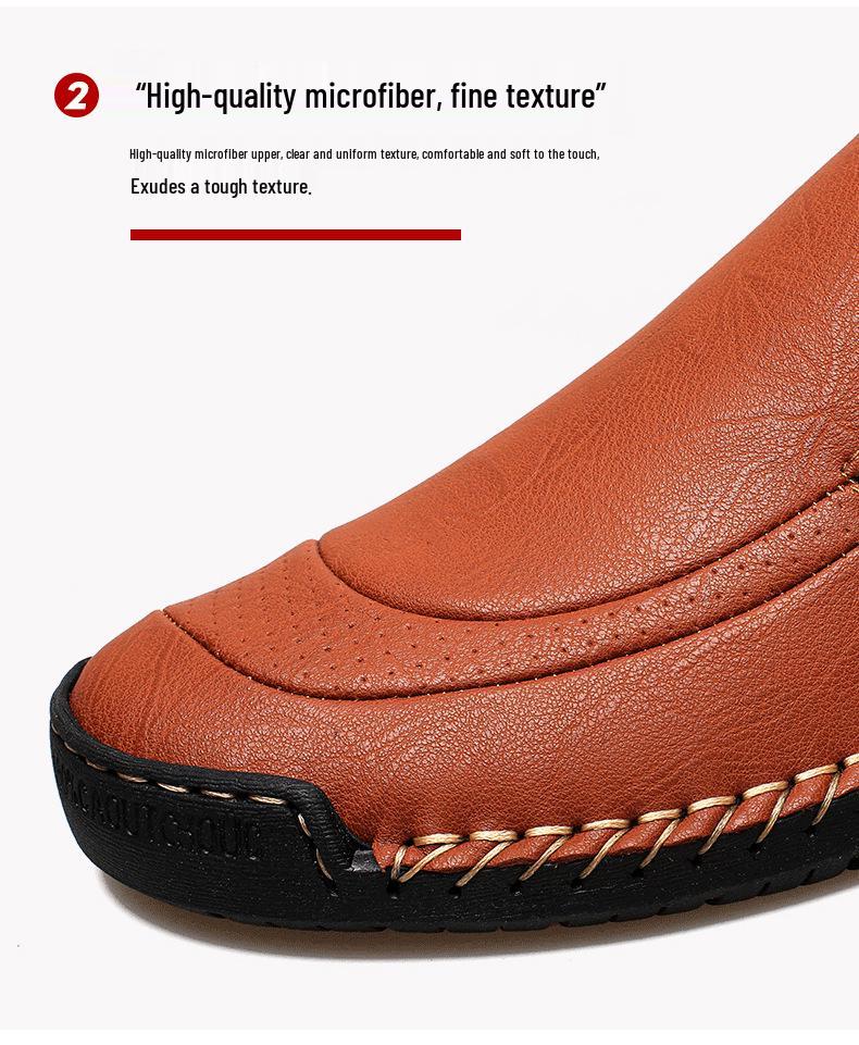 Men's Autumn Casual Leather Slip-On Shoes, Large Size, Soft Sole, Non-Slip, Hand-Stitched, Side Zipper