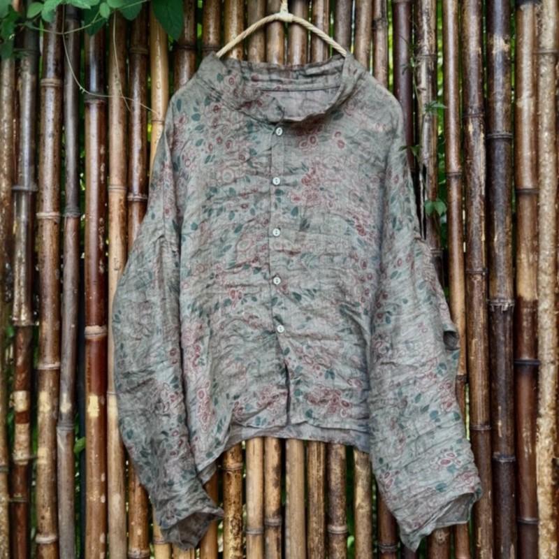 

Johnature Женские винтажные рубашки с цветочным принтом из рами с отложным воротником и длинными рукавами, осенние пуговицы, свободные женские блузки One Size