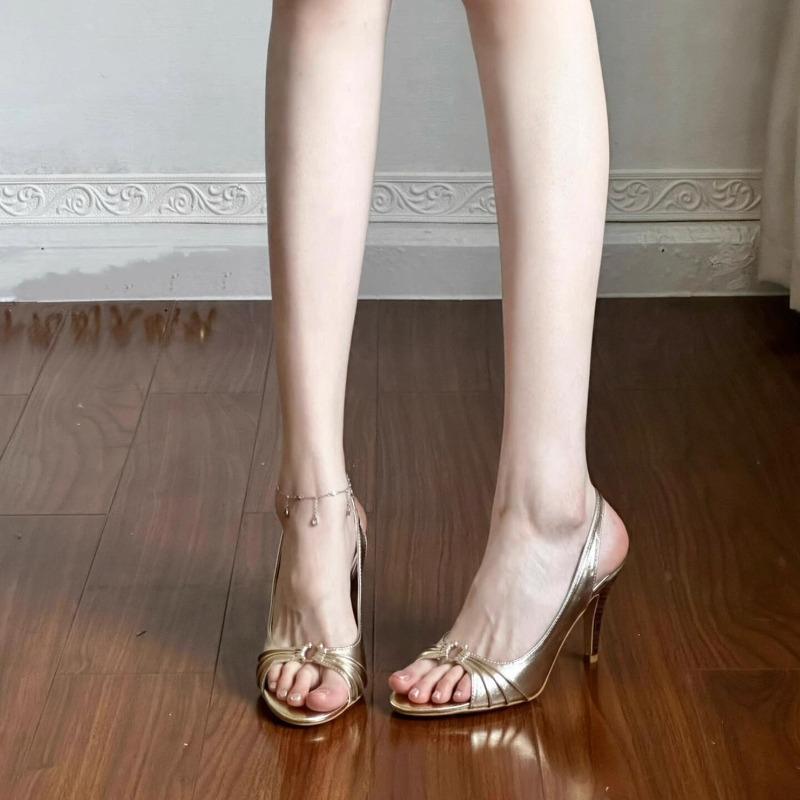 Fashion Women High Heels Sandals French Stiletto Strap Shoes Women Summer New Open Toe Luxury Temperament Antique Gold Heels Sandals