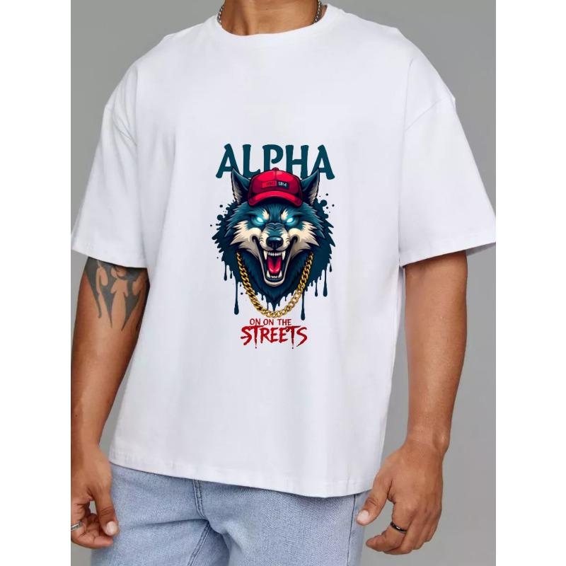 T-Shirt Street Style Alpha Wolf Lupo Bianco con Berretto Rosso e Catena d'Oro Stampa Grafica per Abbigliamento Casual