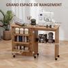 Folding sewing table, sewing furniture with drop-down leaf, storage bins, open shelf and casters, brown