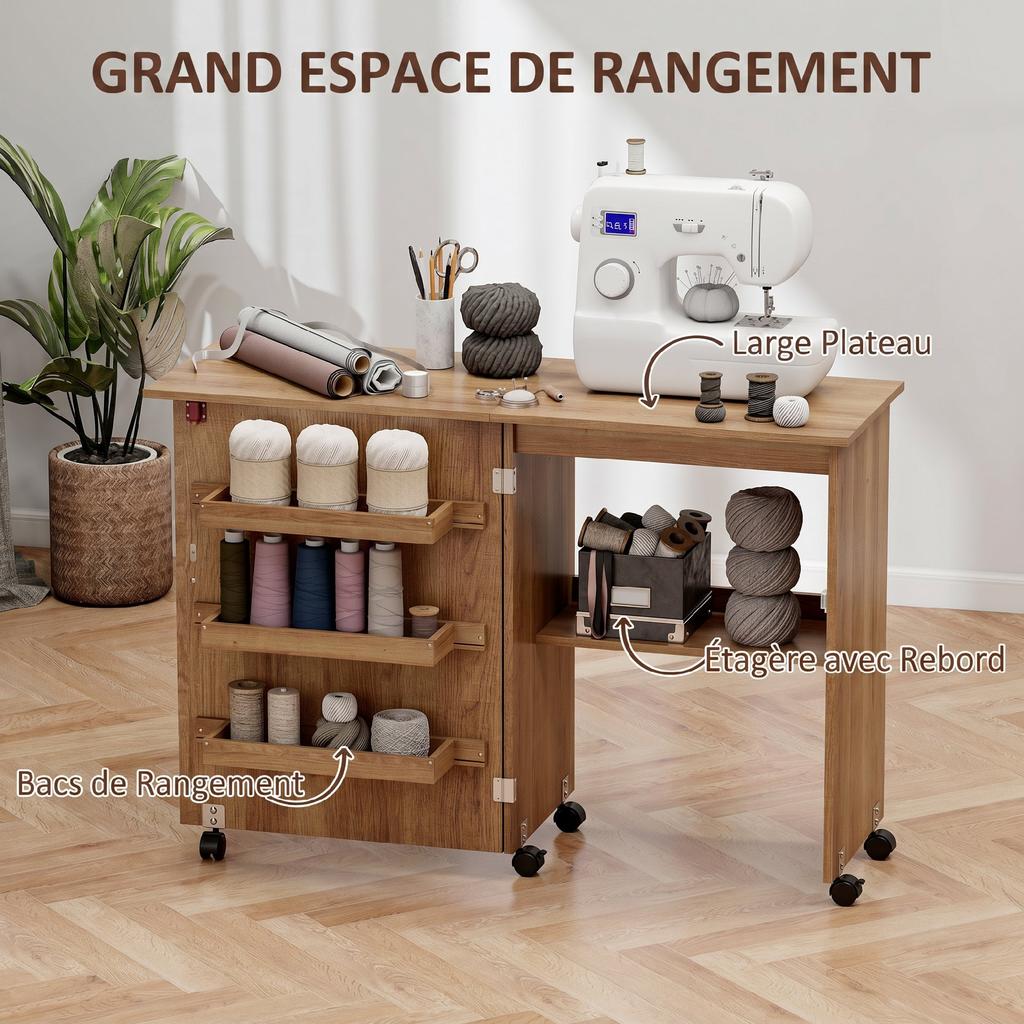 Folding sewing table, sewing furniture with drop-down leaf, storage bins, open shelf and casters, brown