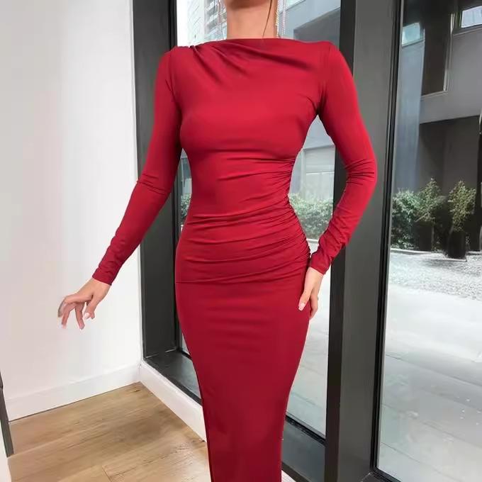 

QICED Осень-зима Женское модное платье с круглым вырезом и длинным рукавом, облегающее, с сумкой на ягодицах, однотонное, темпераментное платье L красный