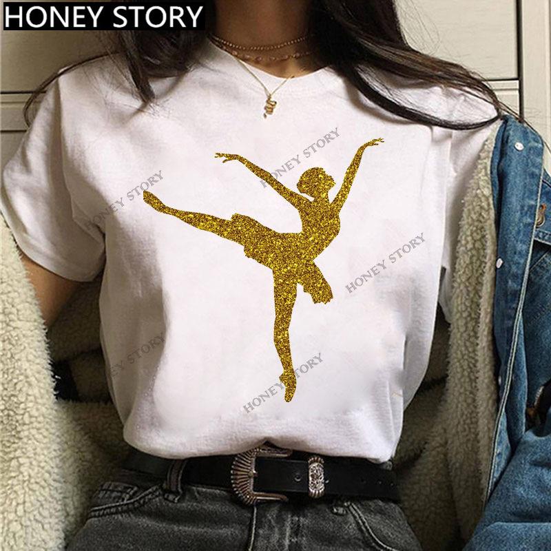 Dance Letter Print T Shirt Ballet Silhouette Monogram Print Women's T-shirt Loose Aesthetic Tops Graphic T Shirts Pro Choice
