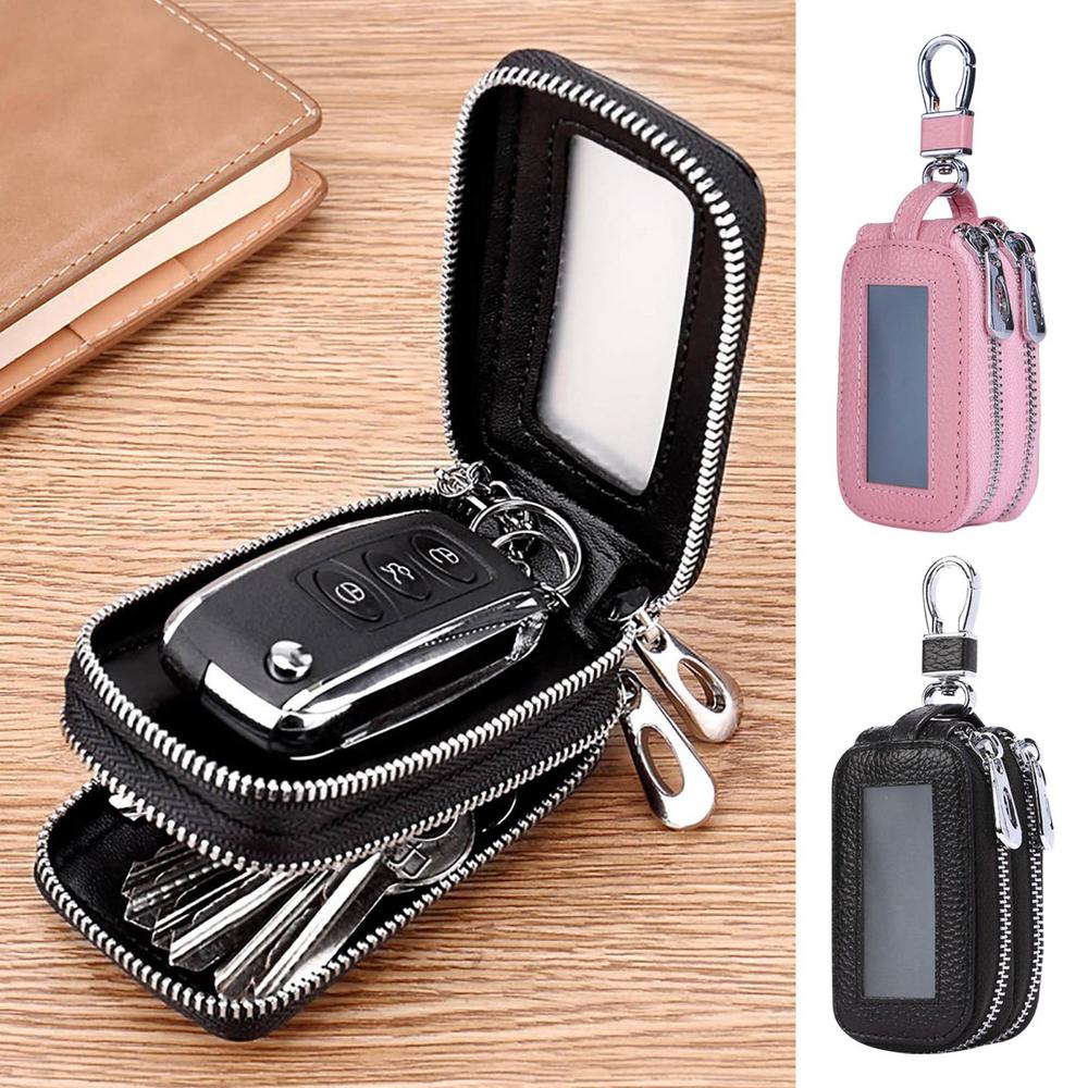 Double Zipper Car Key Bag Car Remote Key Bag Transparent Large Capacity Key Fob Protection Portable PU Leather Key Coin Holder