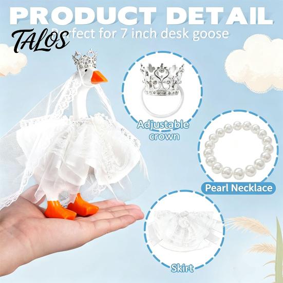 Soft Lace Goose Costume 7 Inch Mini Wedding Outfit, Tulle Bridal Dress with Crown, Crown for Ornament Veil & Pearl Bracelet, Cute Figurine Tabletop