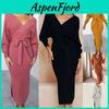 Elegant Women Winter Deep V-neck Knitted Sweater Dress With Cozy Long Sleeves