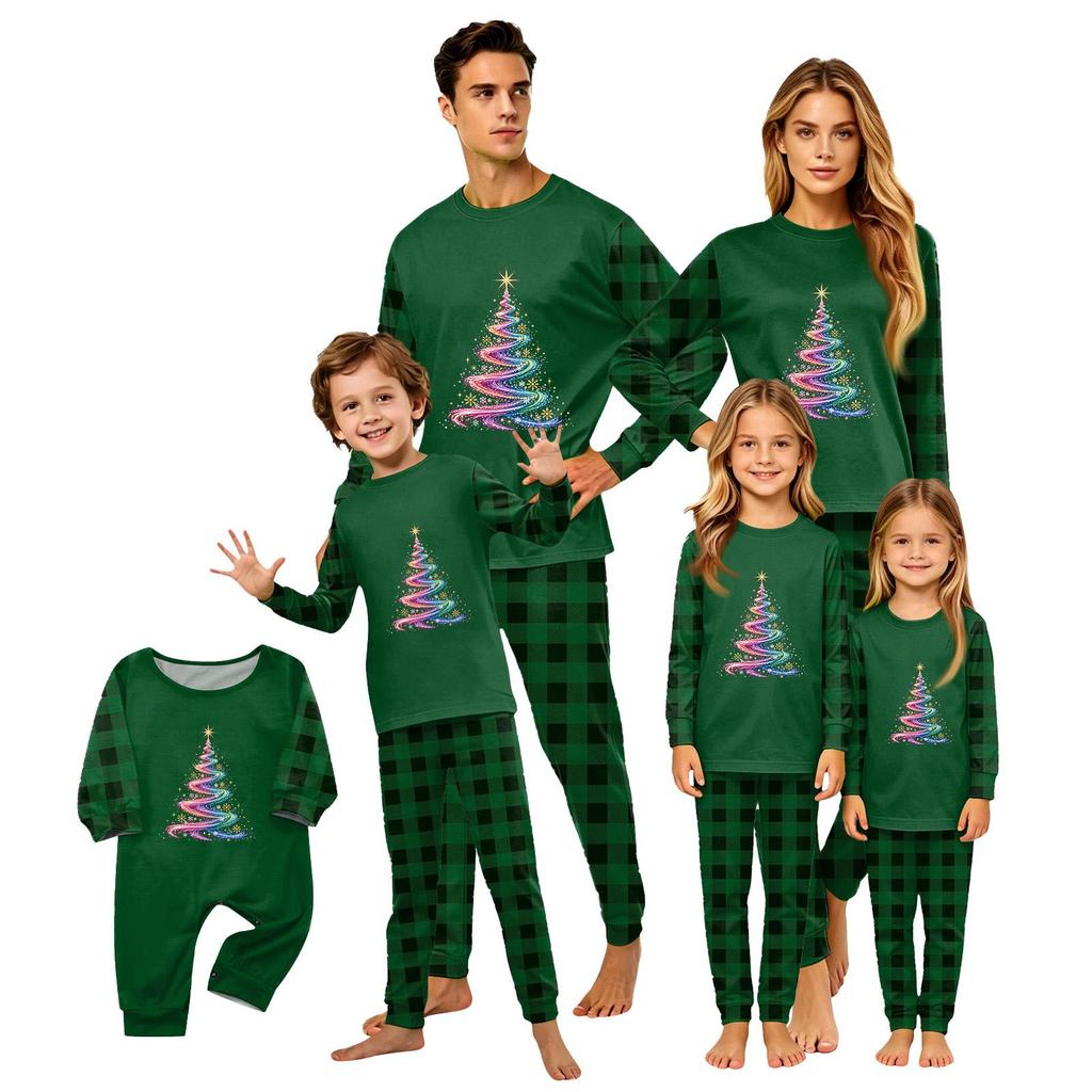 Christmas-print long-sleeve and long-pant matching family loungewear set
