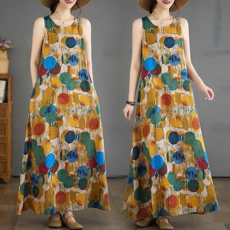 New Long Dresses Summer New Plus Size Sleeveless Round Neck Printed Dresses