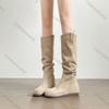 Comemore Stacked Long Boots New Round Head Pleated Flat Bottom Casual Women Autumn Shoes Suede Slip on Knee-high Botas Female
