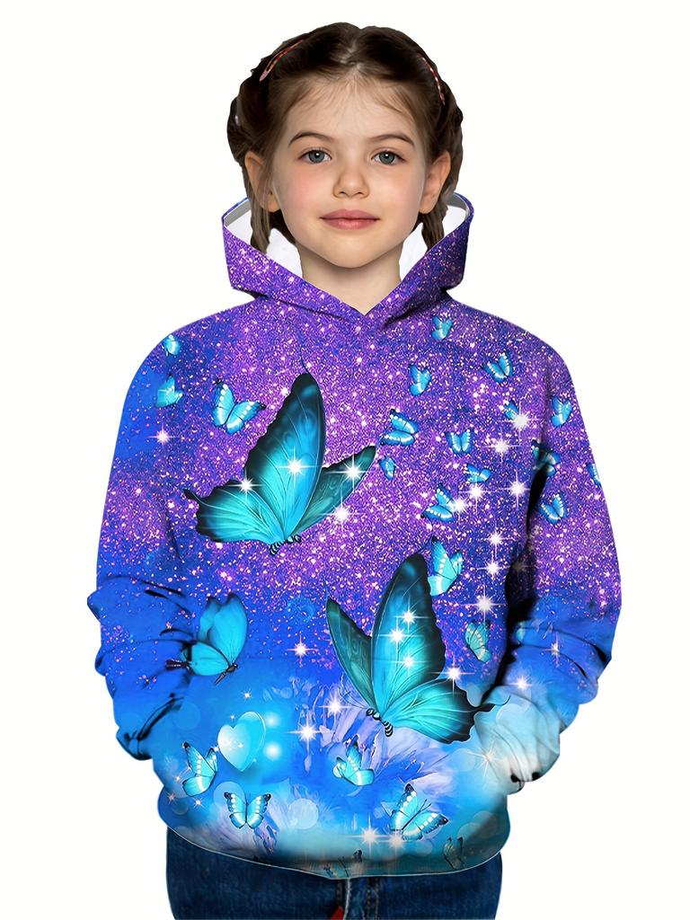 Sudadera para niña con estampado gráfico de mariposas, sudaderas con capucha de manga larga para niña, blusas de moda, tops casuales, sudadera para niña