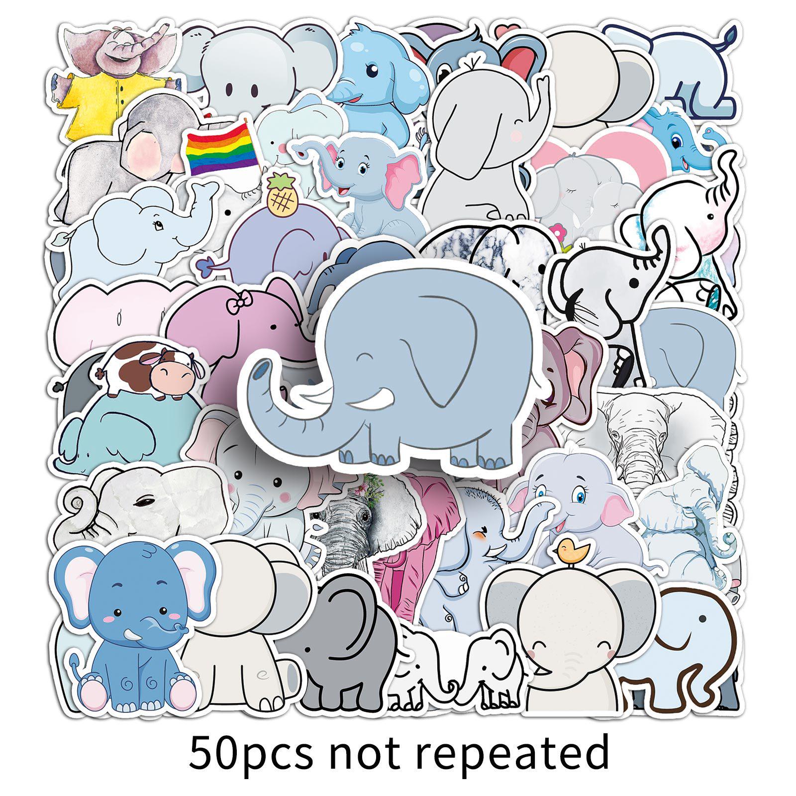 50 Cute Elephant Cartoon Stickers: Animal Graffiti for Kids Rewards, DIY, Bottles, Suitcases, 50 Sheets