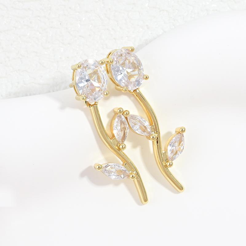 Gold Plated Tulip Stud Earrings Women Colorful Cubic Zirconia Rose Leaf Drop Earrings Minimalist Dainty Jewelry Gift:VE1824