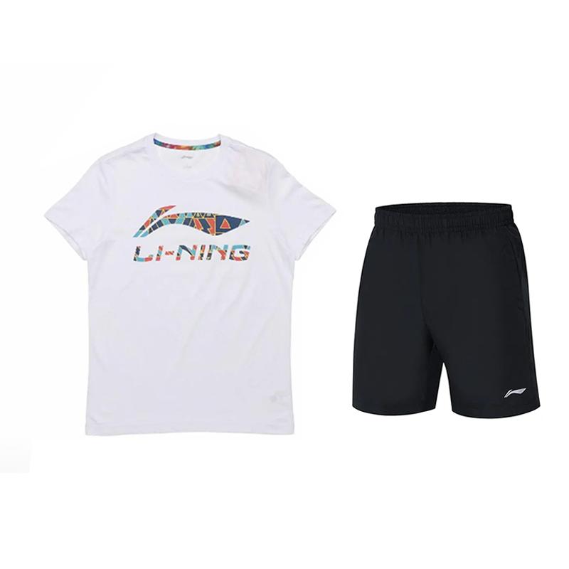 Li Ning Logo Print Round Neck Comfortable Fashion Short Sleeve Casual Sports Suit Unisex Suit AHSUA19-1+YKST119-1