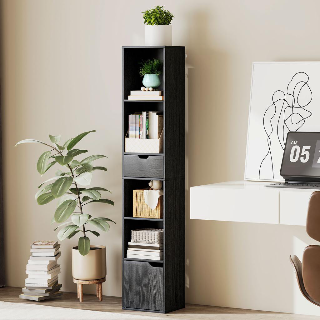 Bookcase, Storage Unit, Drawer, Cupboard, Open Compartments, 30 x 24 x 158 cm, Black