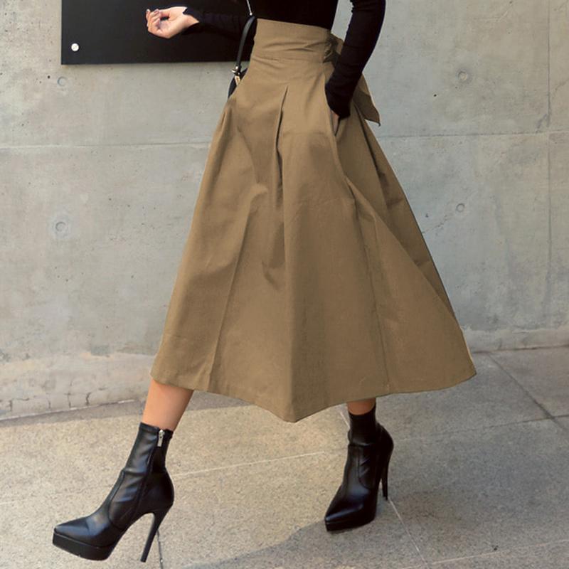 Faldas Mujer Moda Coreana Color Sólido Gran Oscilación Falda de Dama Falda Larga Otoño Salvaje Cintura Alta Lazo Faldas Ajustadas
