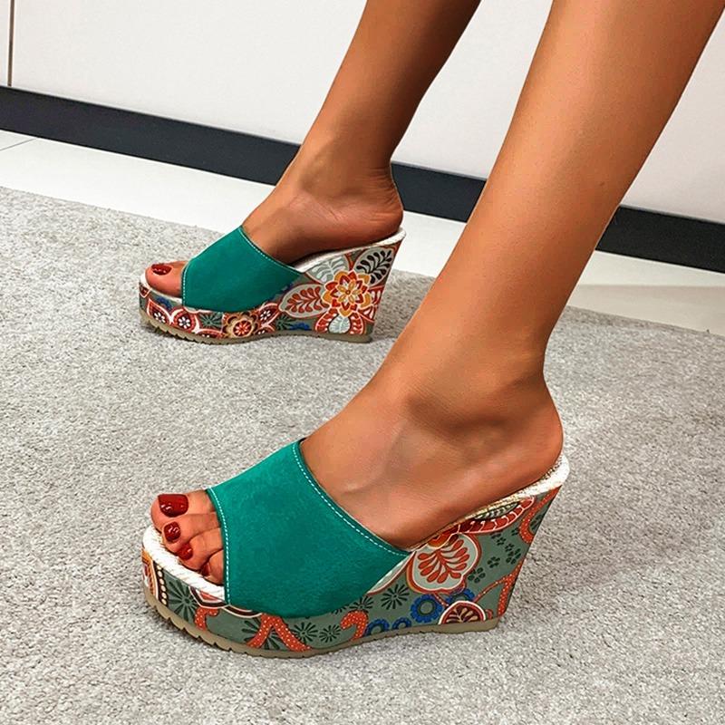 

Ethnic Style Wedge Heel Platform Plus Size Cool Slippers Women s Summer New Platform Super High Heel Flip-flops 42 зелений