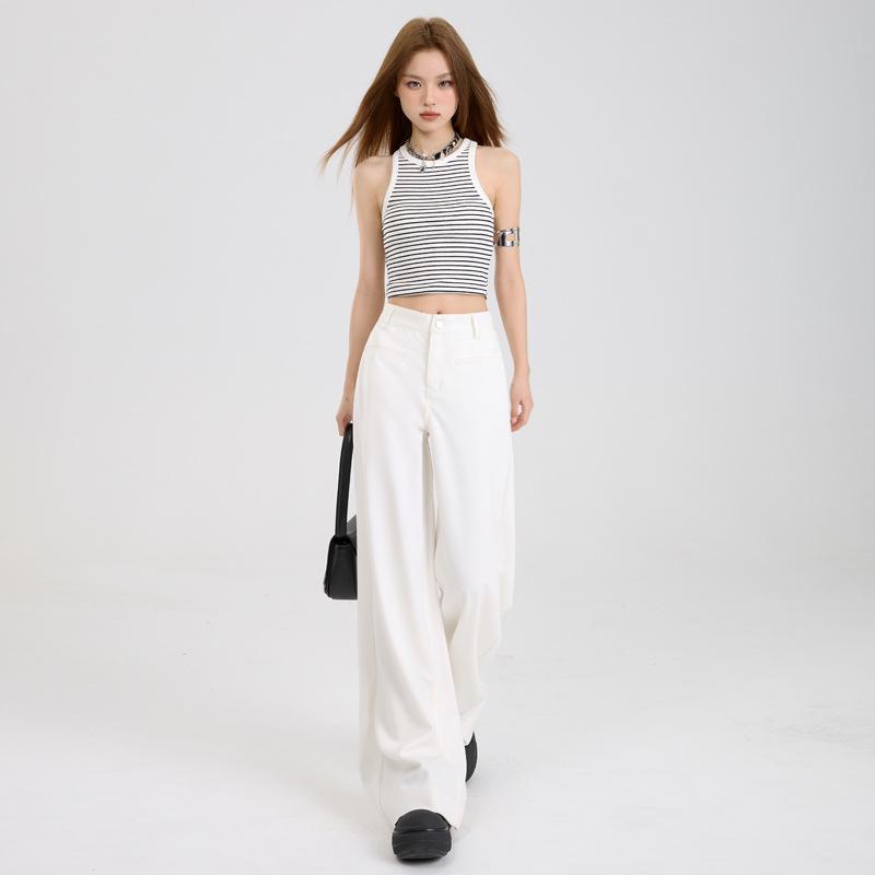 Women's Autumn 2025 Casual White Wide-Leg Pants: High-Waist, Loose, Slimming, Drapey, Floor-Length