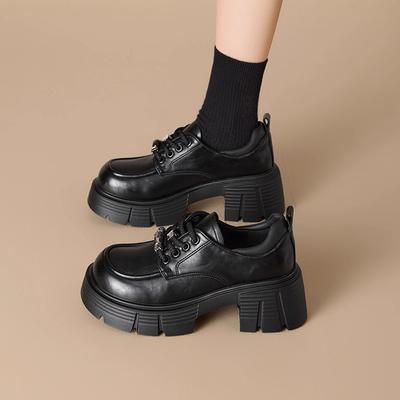 Platform Small Leather Shoes Women's 2025 New Autumn British Style Black Loafers Thick Heel Small Height-increasing Single Shoes Women