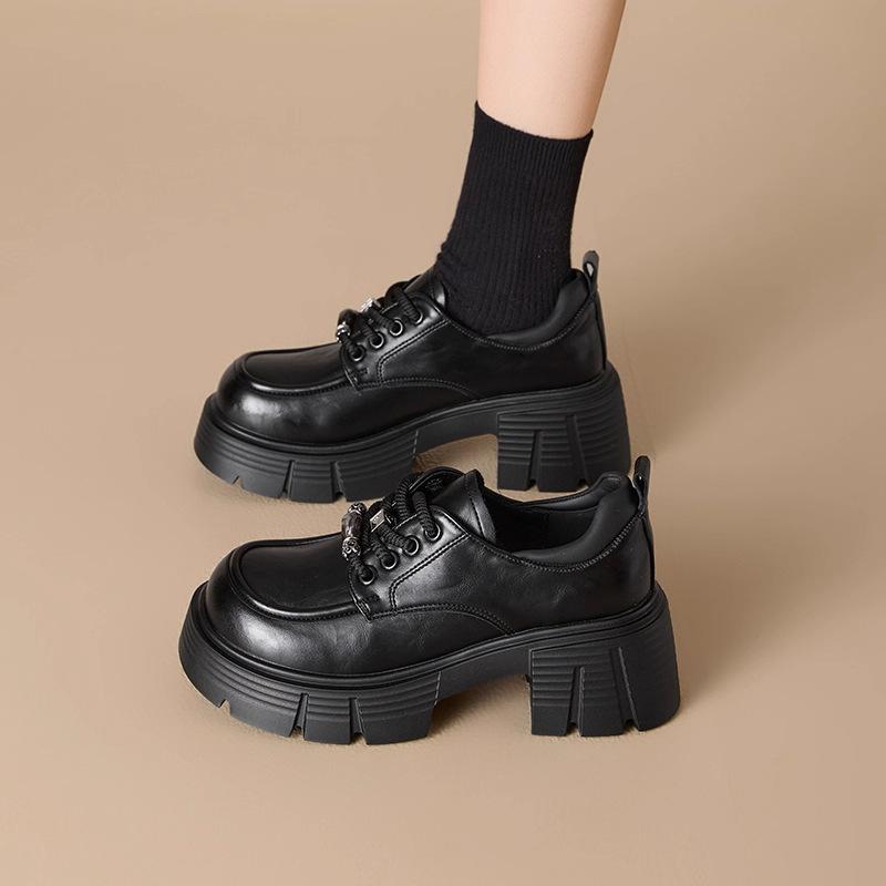 Platform small leather shoes women's 2025 new autumn British style black loafers thick heel small height-increasing single shoes women