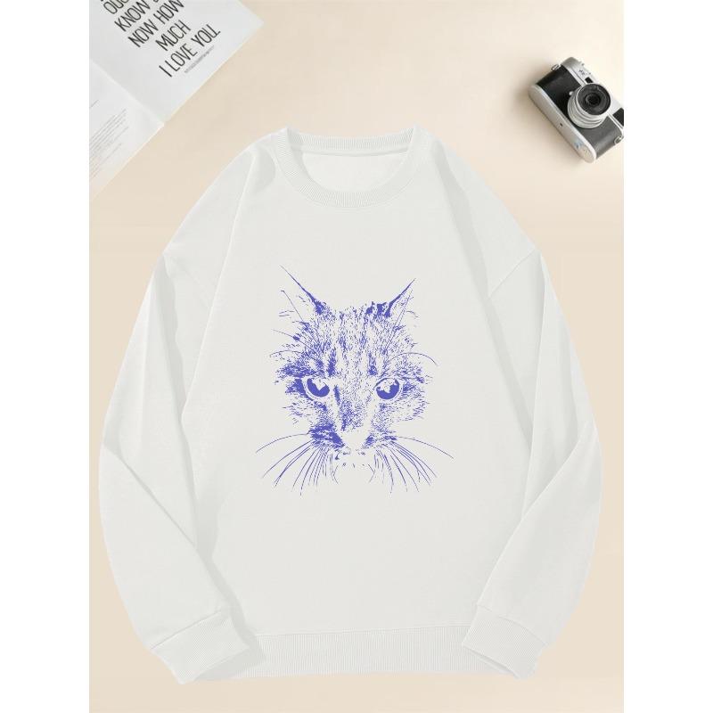 Men'S Casual Blue Cat Pattern Crew Neck Sweatshirt | Loose Fit, Slight Stretch Fabric