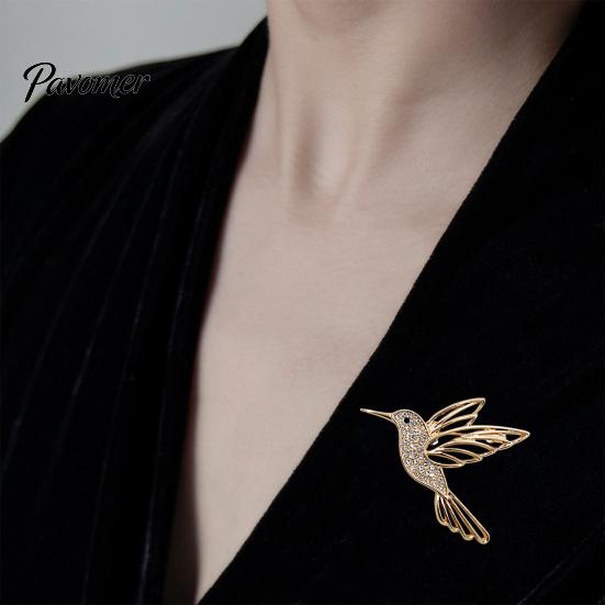 Golden Tone Bird Brooch Bling Rhinestone Hummingbird Brooch, Hollow Flying Alloy Daily Wear Pin, Jewelry Accessory for Coats Scarves Dresses