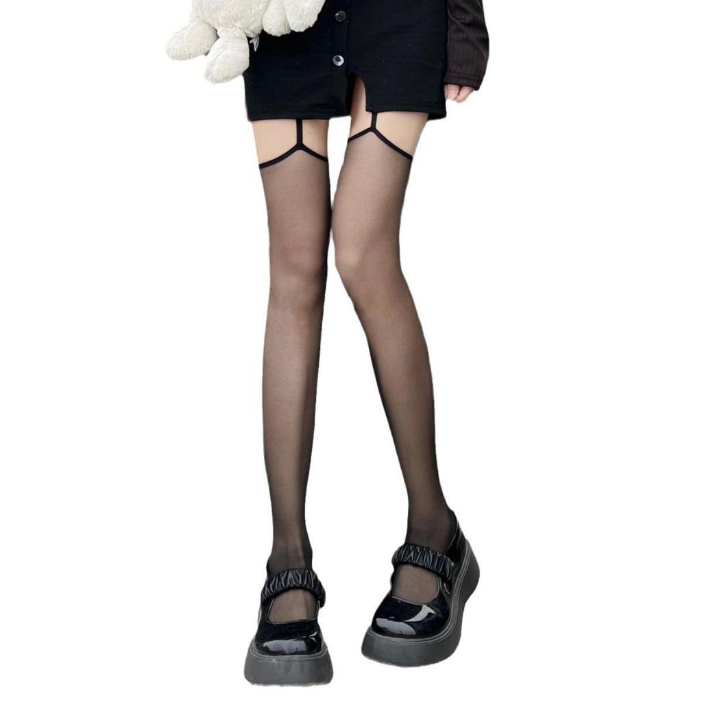 Sexy Black Silk Contrast-Edge Garter Stockings: Ultra-Thin Hand-Torn Women's One-Piece Stockings