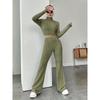 Solid Color Pit Stripe Long Sleeved Knitted Sweater Set Casual Sweater Suits Office Lady Outfits Sportwear 2 Piece Pant Sets